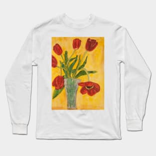 Red tulips  in vase on yellow background Long Sleeve T-Shirt